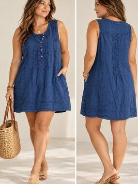 Faherty Isha Indigo Blue Linen Basketweave Mini Dress Size L